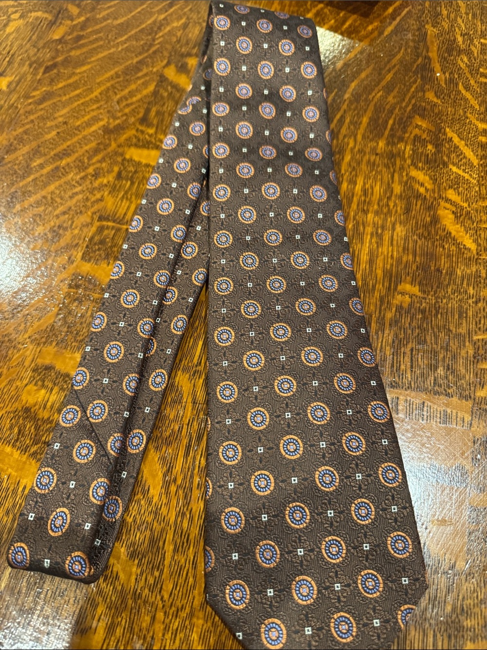 David Donahue Brown Silk Tie with Blue and Orange Medallions